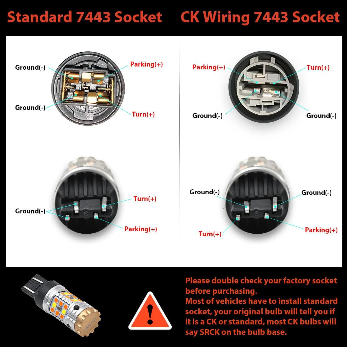 7443 7444 CANBUS Error Free Anti Hyper Flash Switchback LED Turn Signal Light Dual Color Blinker Bulb-CK Socket, 2 Bulbs - Image 3