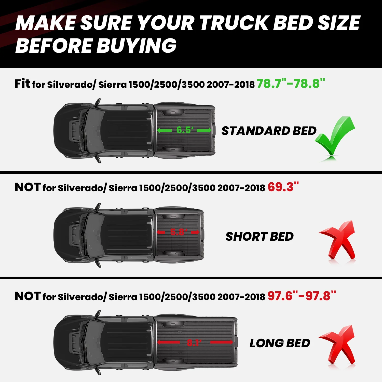 Fit for 2007-2018 Chevrolet Silverado 1500 Heavy Duty 5.8FT or 6.5FT Bed Mat, Not Fit 2007 Classic Body Style - Image 3