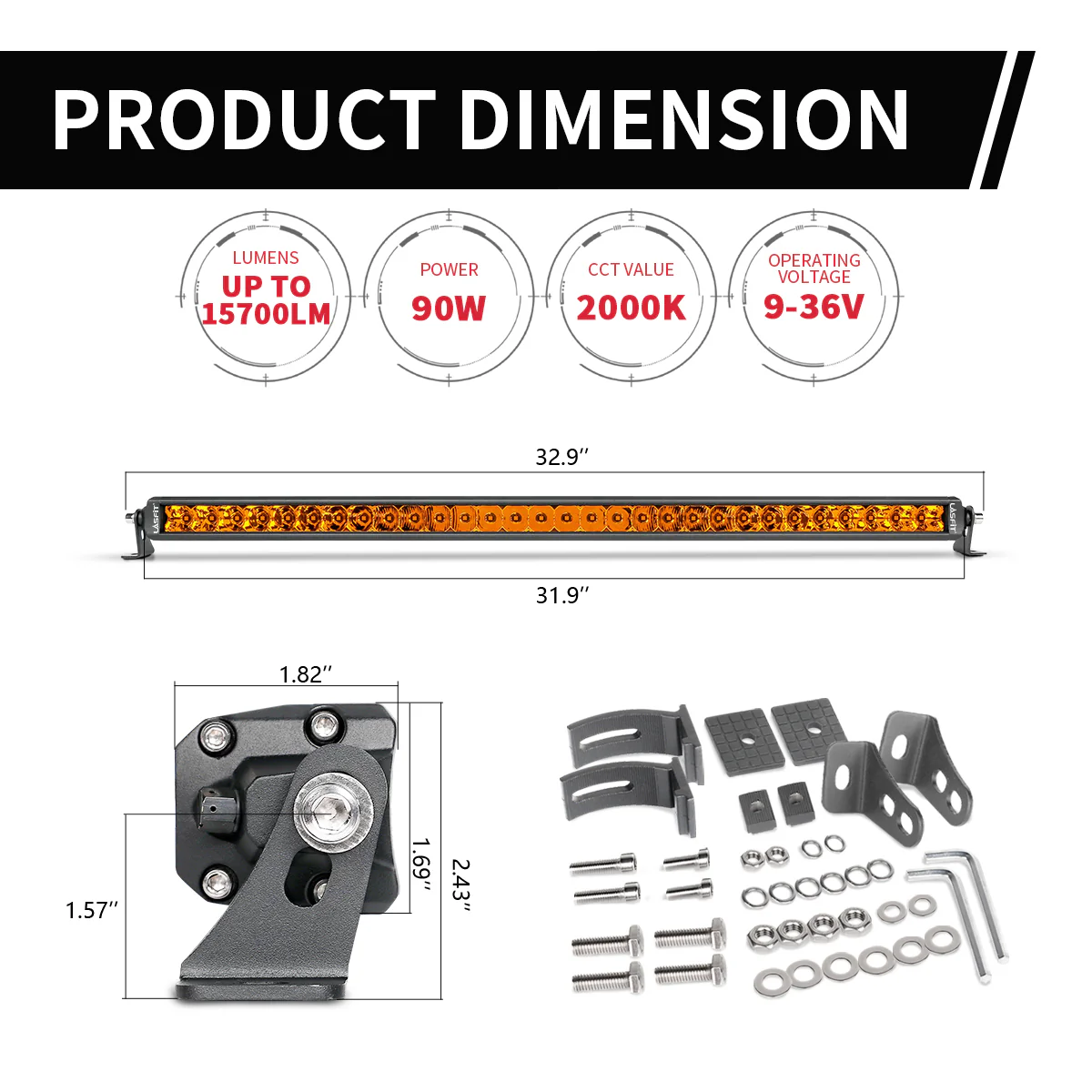 Lasfit 12"/22"/32"/42"/52" Off-Road Slim Single Row Combo Flood Spot Beam LED Amber Light Bars - Image 41