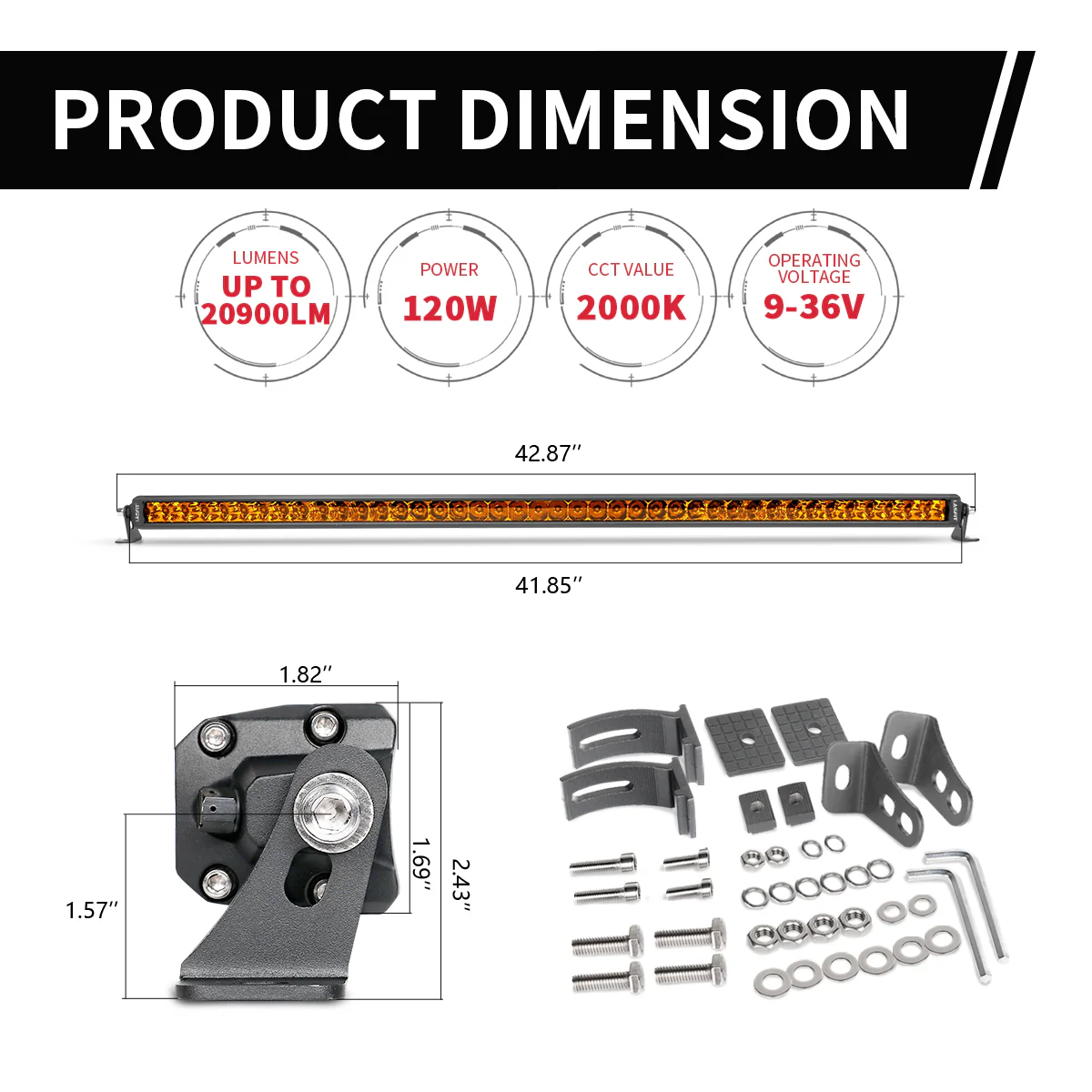 Lasfit 12"/22"/32"/42"/52" Off-Road Slim Single Row Combo Flood Spot Beam LED Amber Light Bars - Image 48