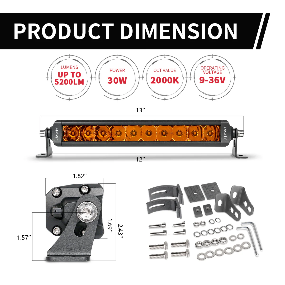Lasfit 12" Off-Road LED Amber Light Bar With Slim Single Row Combo Flood Spot Design | Bumper Grille Mount - Image 13