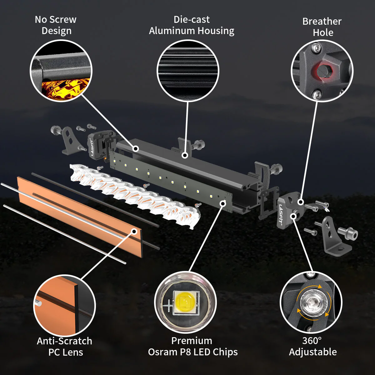 Lasfit 22" Off-Road LED Amber Light Bar With Slim Single Row Combo Flood Spot Design | Bumper Grille Mount - Image 12